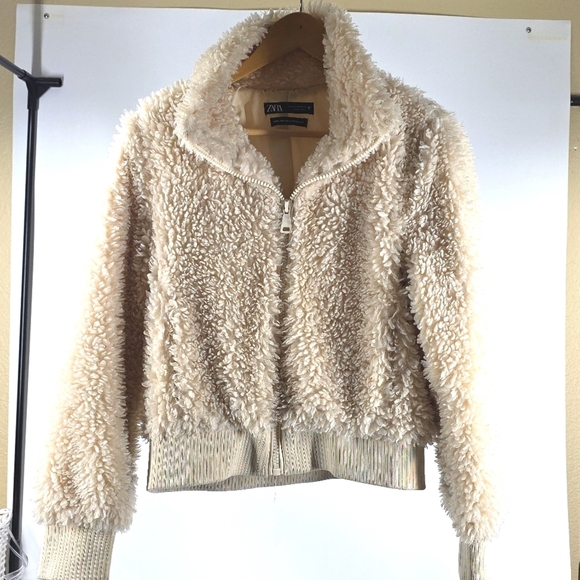ZARA Cream Teddy Sherpa Bomber Fleece Jacket Size S - Picture 4 of 6